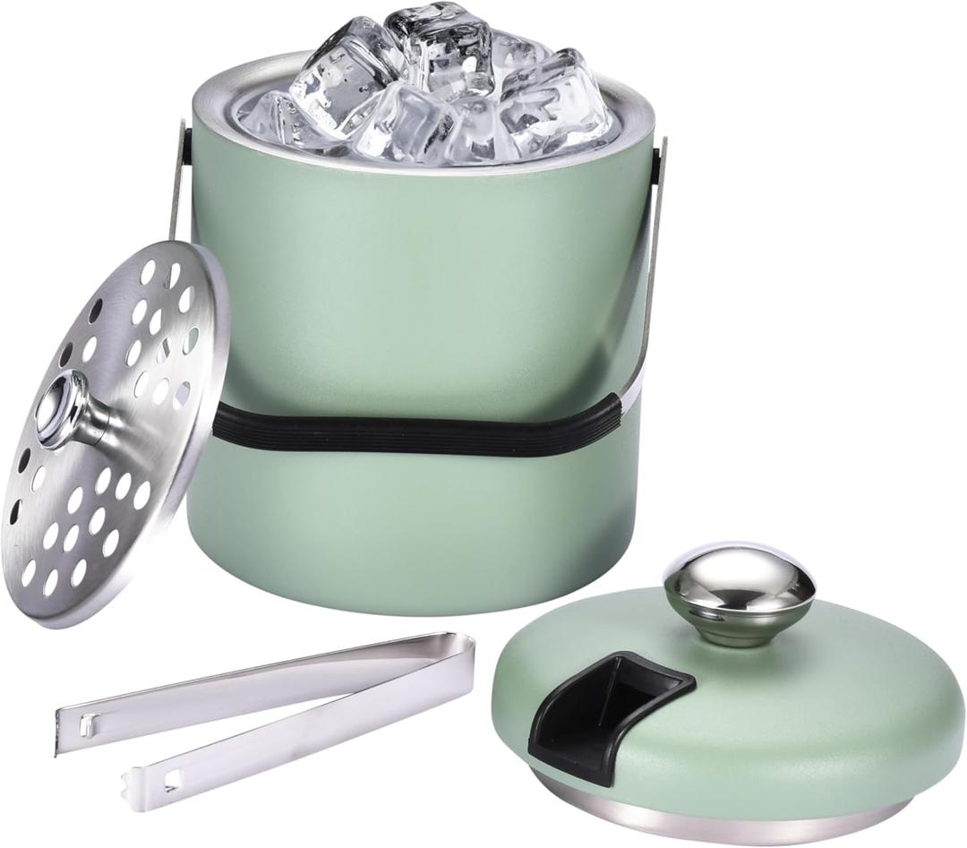 flybold Ice Bucket with Scoop - 7''x5.5''x5.5'' Small Insulated Ice Bucket with Lid and Stand - Double-Walled Stainless Steel Green Ice Holder for Party - 1.3L Ice Container for Outdoor or Indoor (Stainless Steel Green)
