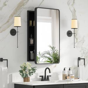 Bathroom Medicine Cabinet with Mirror 16 x 24 Inch, Black Medicine Cabinet Recessed or Surface Wall-Mounted, Mirrored Cabinets with 2 Adjustable Shelves for Bathroom Vanity