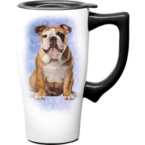 Spoontiques Bulldog Ceramic Travel Coffee Mug with Lid and Handle - Spill Proof Lid - Double Walled Mug for Hot and Cold Beverages - Microwave and Dishwasher Safe