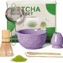 Matcha Whisk Tea Set Kit: Japanese Matcha Kit - Ceramic Bowl Bamboo Whisk Chasen Holder spoon Measuring Scoop Sifter - Traditional Practical for Tea Ceremony Breakfast Lattes - Home Kitchen Christmas (Purple)