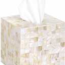 PEMAR Handcrafted Wooden Tissue Box Cover for Small Cube Tissue Boxes Only (Max Inner Size 4.7)  Mother of Pearl Inlay Decorative Tissue Holder for Bathroom, Living Room & Office (White Sand)