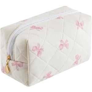 Makeup Bag Travel Cosmetic Bag for Women Girls, Zipper Make Up Pouch, Floral Flowers Toiletry Organizer Makeup, Portable Storage Bag, Cosmetic Travel Cloth Bag (Pink Bow Tie)