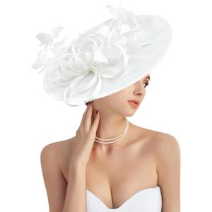 dressfan Fascinator Hats for Women,Linen Vintage Feather Headwear for Derby/Church/Wedding/Cocktail/Tea Party (White)