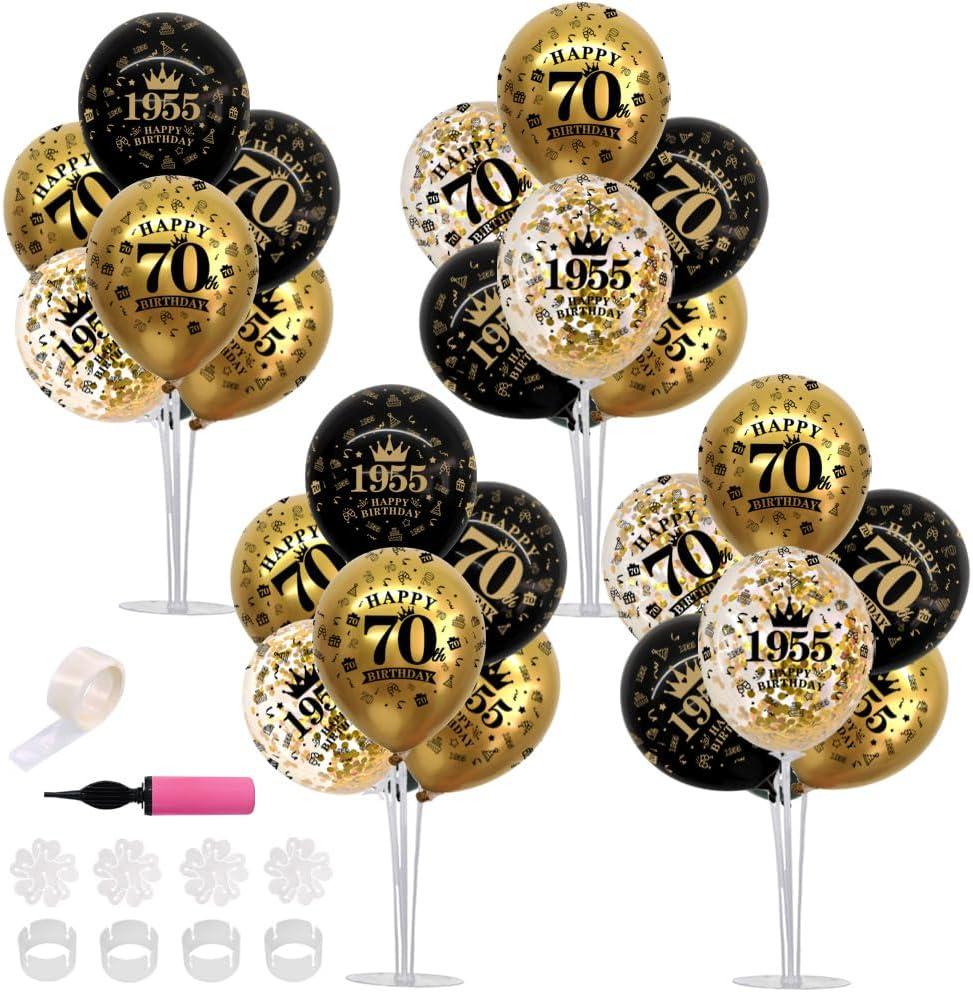 TONIFUL 70th Birthday Decorations Balloon Bouquet includes Black Gold Balloon Stand Centerpieces for Tables. Perfect for celebrating born in 1955. Cheers to 70 Years Birthday for Men and Women.4Pcs