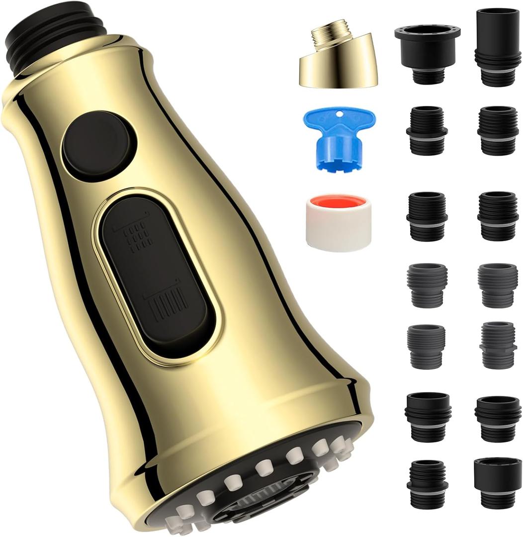 Universal Kitchen Faucet Head Replacement with 15 Adapter Kit Compatible with American Standard/Kohler/Moen/Delta, 3 Function Pull Down Sink Faucet Spray Head, Brushed Gold