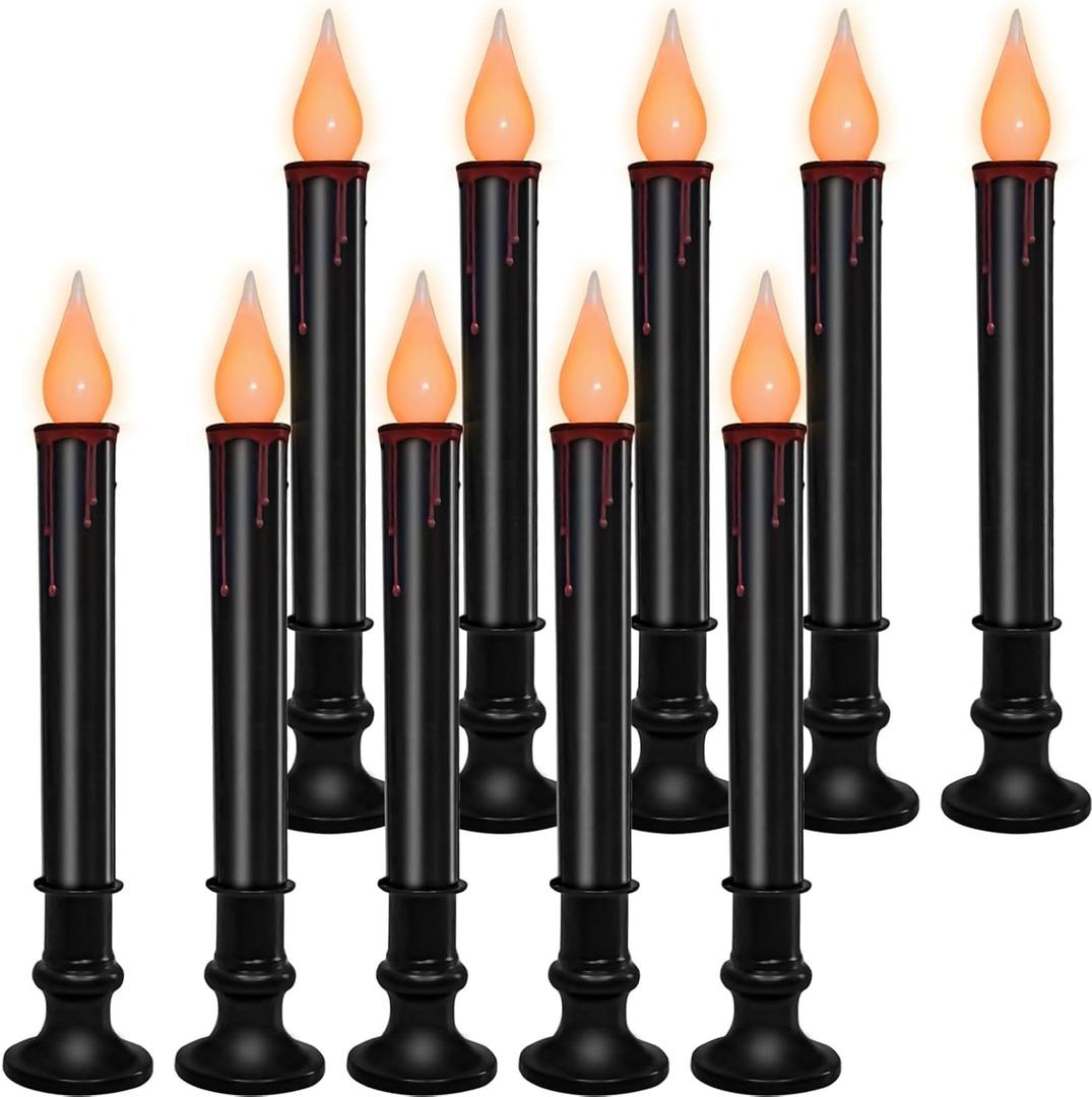 10 Pack Halloween Window Candles Lights, Battery Operated Window Candles with Timer, Flameless LED Candle with Taper Flickering Bulbs for Dining Table Halloween Decor (Black)