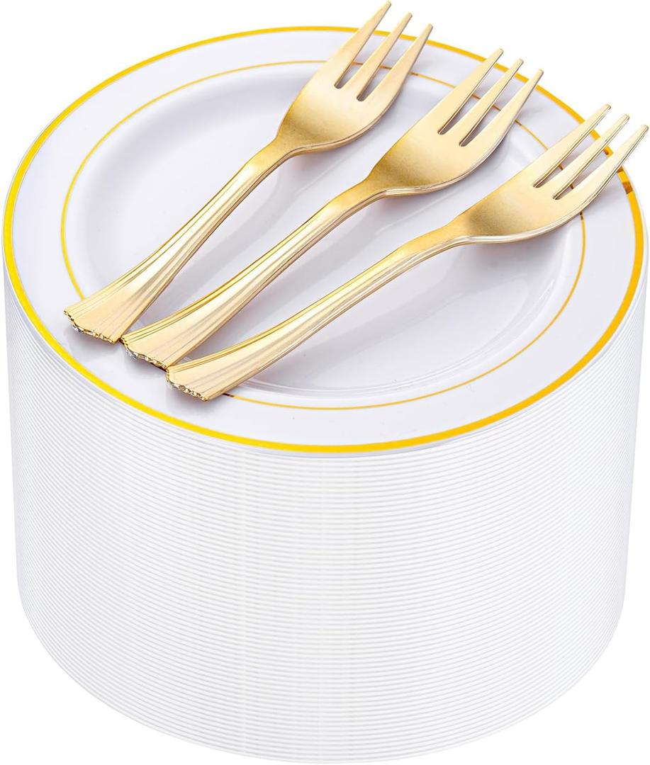 WELLIFE 120 PCS Plastic Dessert Plates and 120 PCS Forks, 6.3 inch Disposable Salad Plate, Premium White Appetizer Plates with Gold Rims Perfect for Parties, Weddings