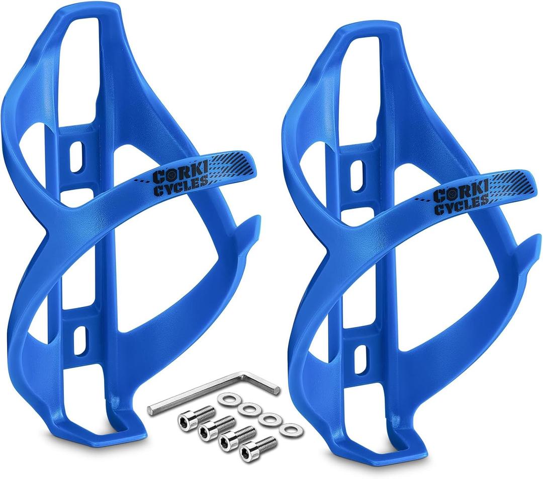 Corki Cycles Bike Water Bottle Holder, Right Side Load Water Bottle Cage for Road, Mountain, Gravel Bicycle Palatinate Blue 2 Pack