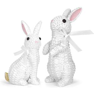 Rattan Effect Resin Bunny Easter Decor,Table Rabbit Easter Decorations,Spring Bunnies Decoration Statue Figurine for Home Farmhouse (White, Small-Pair)