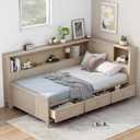 Ball & Cast Twin Size Wooden Storage DayBed, Modern Platfrom Bed-Frame with 3 Drawer & Shelves & Sliding Doors, L Shape Floor Bed w/Storages for Girls Boys Teens, No Box Spring Needed, Antique Beige