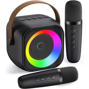 Mini Karaoke Machine, Portable Bluetooth Karaoke Speaker with 2 Wireless Microphones and Party Lights for Kids and Adults, Birthday Gifts for Girls Boys Family Home Party (Black 2 Mics)