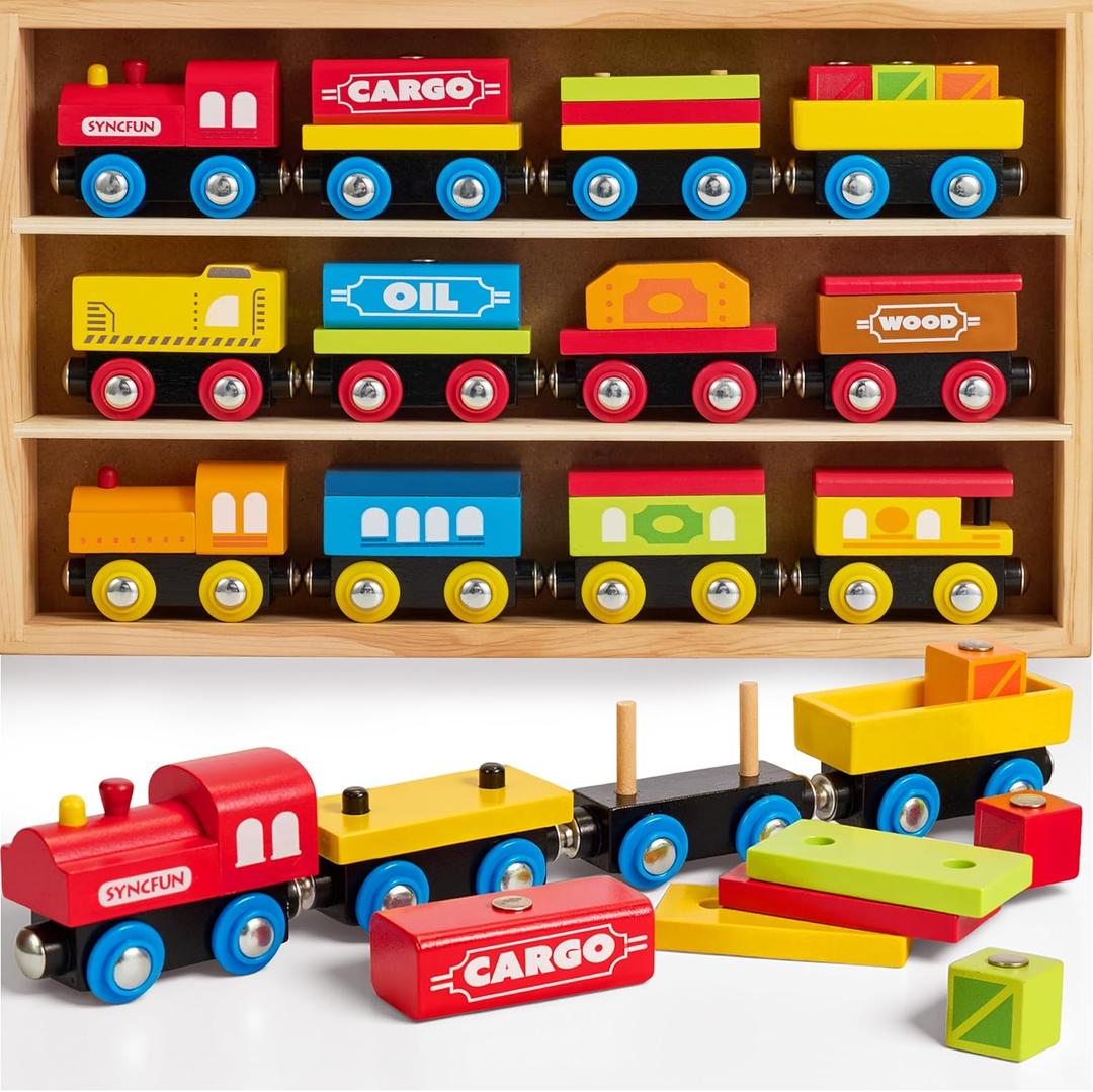Montessori Wooden Train Toy Set for Kids, 12PCS Magnetic Train Cars with Storage Gift Box, STEM Educational Toy for Boys & Girls, Ages 2-8 Years, Easter Birthday Party Gift