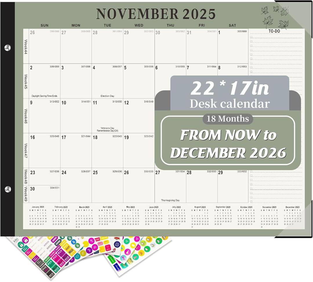 Gannyfer Desk Calendar 2026, Large 2026 Desk Calendar 22" x 17", Now - Dec 2026, 18 Monthly Academic Desktop Calendar with To-Do List and Notes, Plastic Cover, Thick Paper, 2026 Calendar for Planning and Organizing(6 Stickers) (Green)