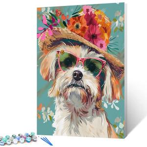 Puppy with Shades and Flowers Hat Paint by Numbers Kits 16x20 inch Canvas Cute Dog Lovely Animal Painting DIY Oil Painting for Kids, Adults Beginner with Brushes Pigment Drawings Gift(without Frame)