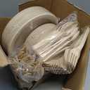 Unves 250 Piece Compostable Paper Plates Set with Extra Long Utensils, Sugarcane Fibers Disposable Dinnerware Set, Biodegradable Plates, Spoons, Forks and Knives for Party, Camping, Picnic