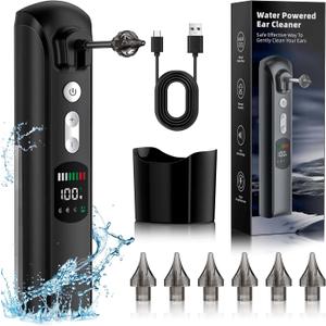 Water Ear Wax Removal Kit - Electric Ear Cleaner with LED Display, Ear Irrigation Kit Tool for Adults & Kids - Clear Wax Ear Built Up, 8 Pressure Settings & 6 Tips (Black)