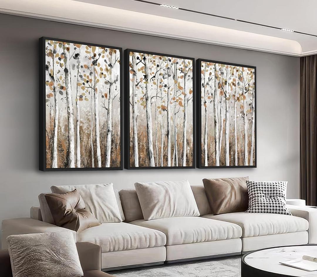 Large Framed Tree Wall Art - Abstract Forest Wall Decor 16"x24" Set of 3 Aesthetic Autumn Birch Painting Prints Modern Brown Plant Canvas Pictures for Living Room Bedroom Office Artwork