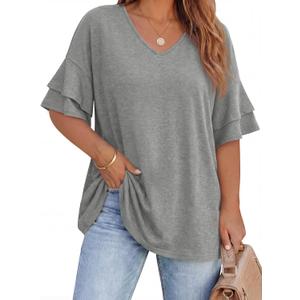 Beautife Womens Plus Size V Neck T Shirts Short Ruffle Sleeve Blouses 2026 Summer Casual Loose Fit Knit Tops (Gray, XXXL)