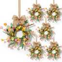 6 Pcs Mini Yellow Flowers Hanging Wreaths for Cabinets Artificial Spring Small Candle Ring Wreaths with Pink Floral and Purple Lavender for for Home Kitchen Front Door Window Farmhouse Porch Wall