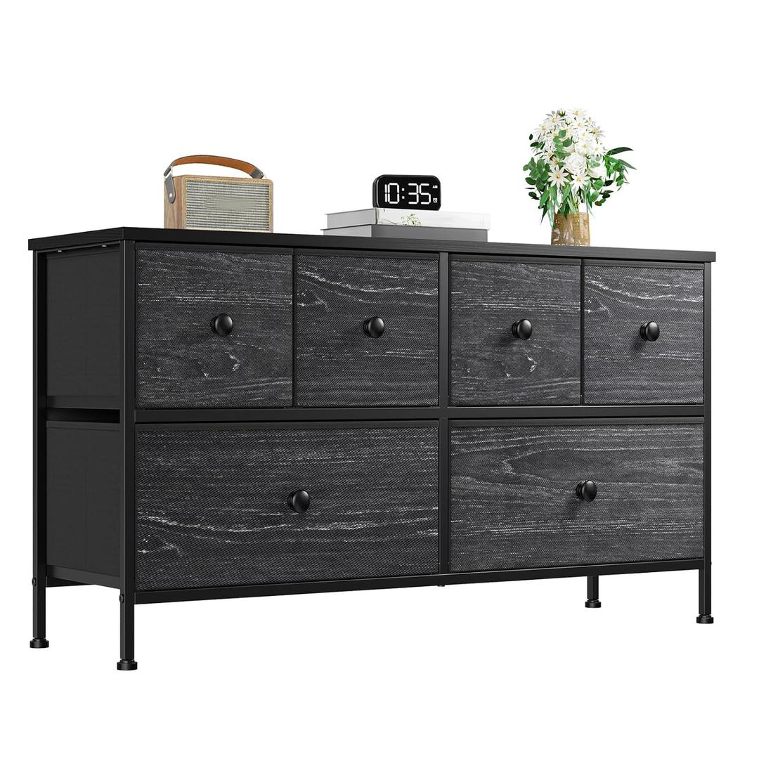 EnHomee Dresser for Bedroom with 6 Drawer Dresser TV Stand Wide Dresser & Chests of Drawers Fabric Dressers with Wood Top & Metal Frame Closet, Living Room, Hallway, Nursery, Black Wood Grain Print