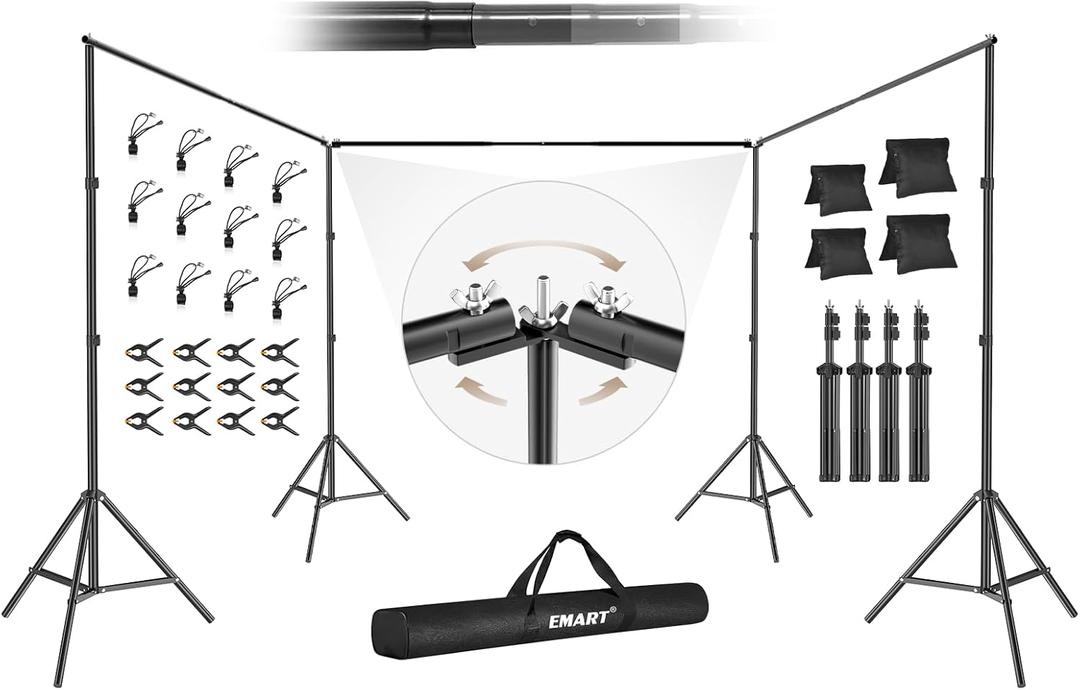 EMART Backdrop Stand, 30x7ft(WxH) Large Adjustable Background Support System with 308 Angle Rotatable Connector, 12 Clamps, 4 Sandbags and Carry Bag for Paties, Wedding, Photography Studio, Video (Black)