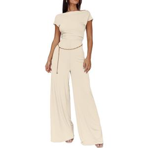 XXTAXN Women's Caual Fashion Crew Neck Short Sleeve Ruched Waist Backless Tie Wide Leg Long Pant One Piece Jumpsuit (S)