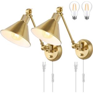 TRLIFE Wall Sconce Plug in, Dimmable Wall Sconces Set of 2 Wall Lights with Plug in Cord and Dimmer On/Off Knob Switch, Brushed Brass Swing Arm Wall Light, UL Listed(2 Pack, 2 Bulbs) (Gold)