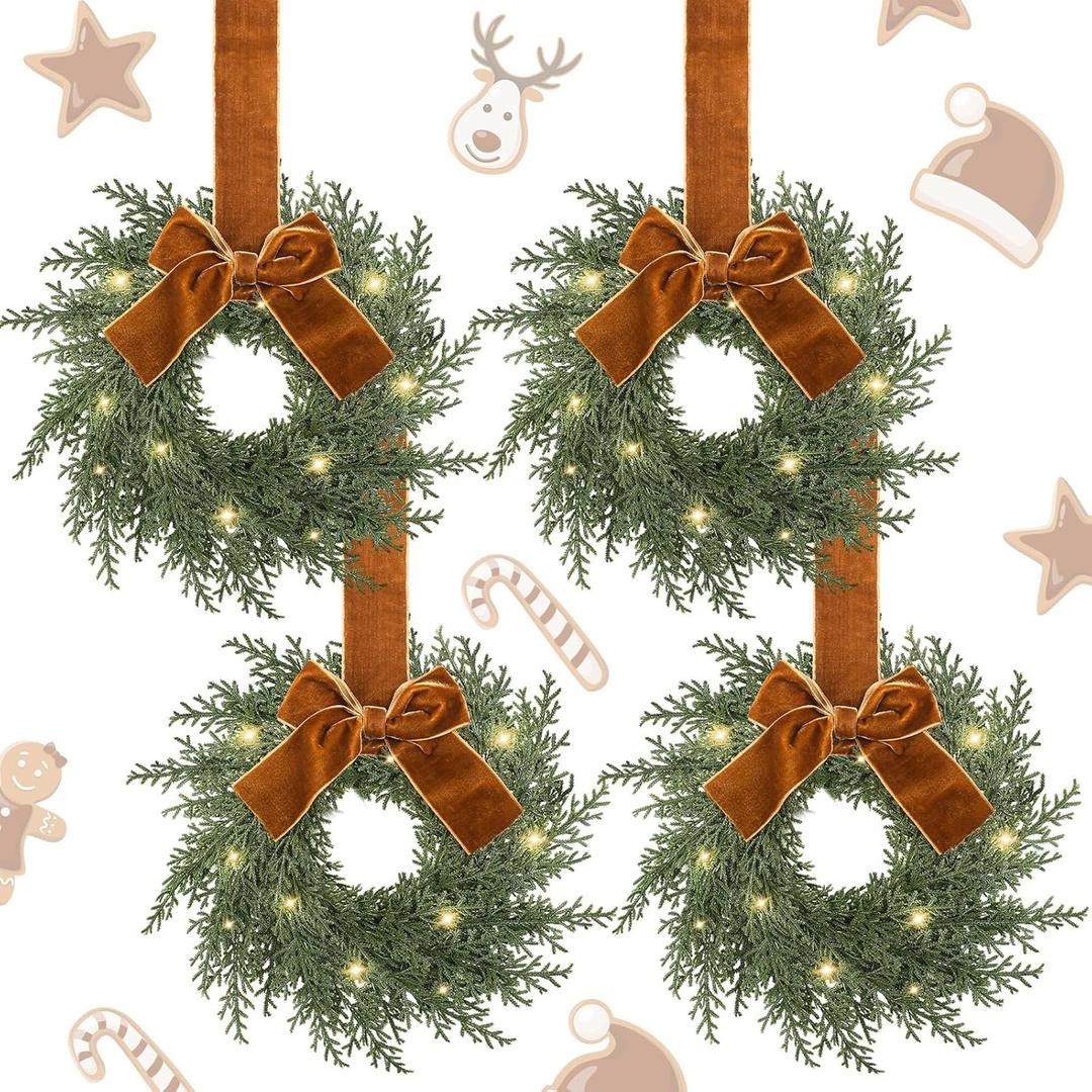Hoteam 4 Pieces 9 Inch Mini Christmas Cedar Wreath Christmas Cabinet Wreath with Brown Bow Prelit Xmas Decoration for Front Door Holiday Party