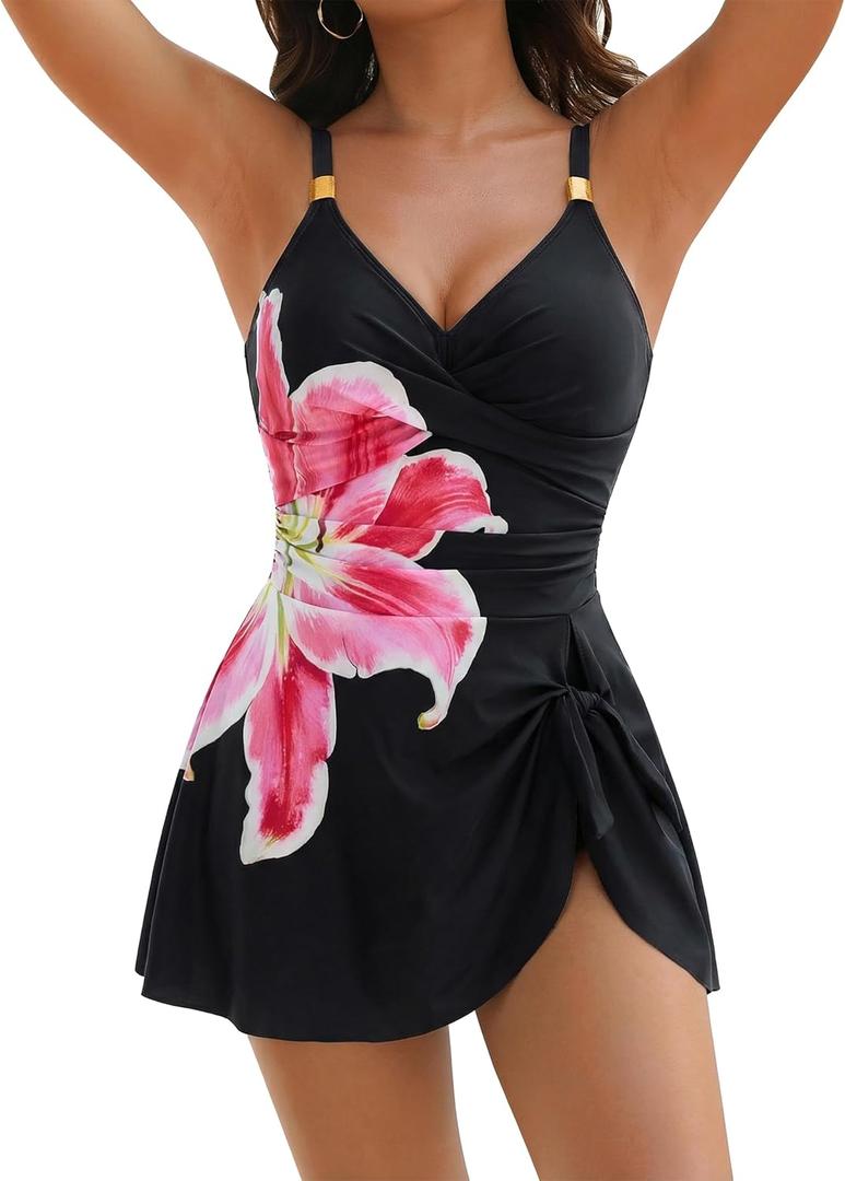 Blooming Jelly Womens One Piece Swimsuit Tummy Control Bathing Suit Gold Metal Tie Knot 2026 Swim Dress (Black, XXL)