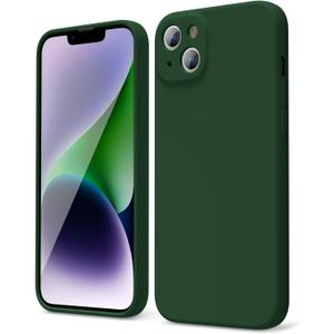 oakxco for iPhone 14 Plus Phone Case Liquid Silicone, Cute Thin Slim Soft Rubber TPU Plain Smooth Gel Cover for Women Girl, Matte Solid Protective & Shockproof, Dark Forest Green
