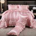 Satin King Comforter Set Silk Like Satin Bedding Set Hotel Soft Polyester Pink Bed Set Luxury Silky Pillow Cover with Quilt Set Ruffle Down Comforter Home Decor King