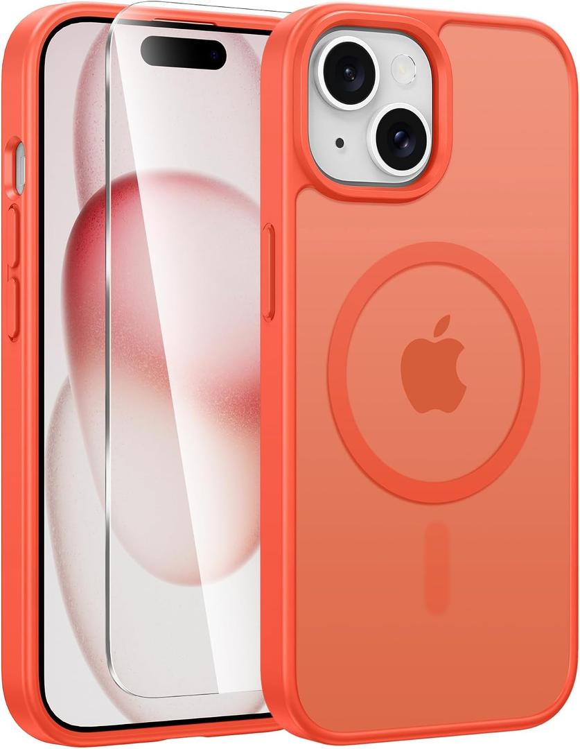 FNTCASE for iPhone 15 Case: for iPhone 14 Case & iPhone 13 Case [Compatible with Magsafe] Translucent Matte Cases with [Screen Protector] Military Grade Shockproof Protective Phone Cover - Orange