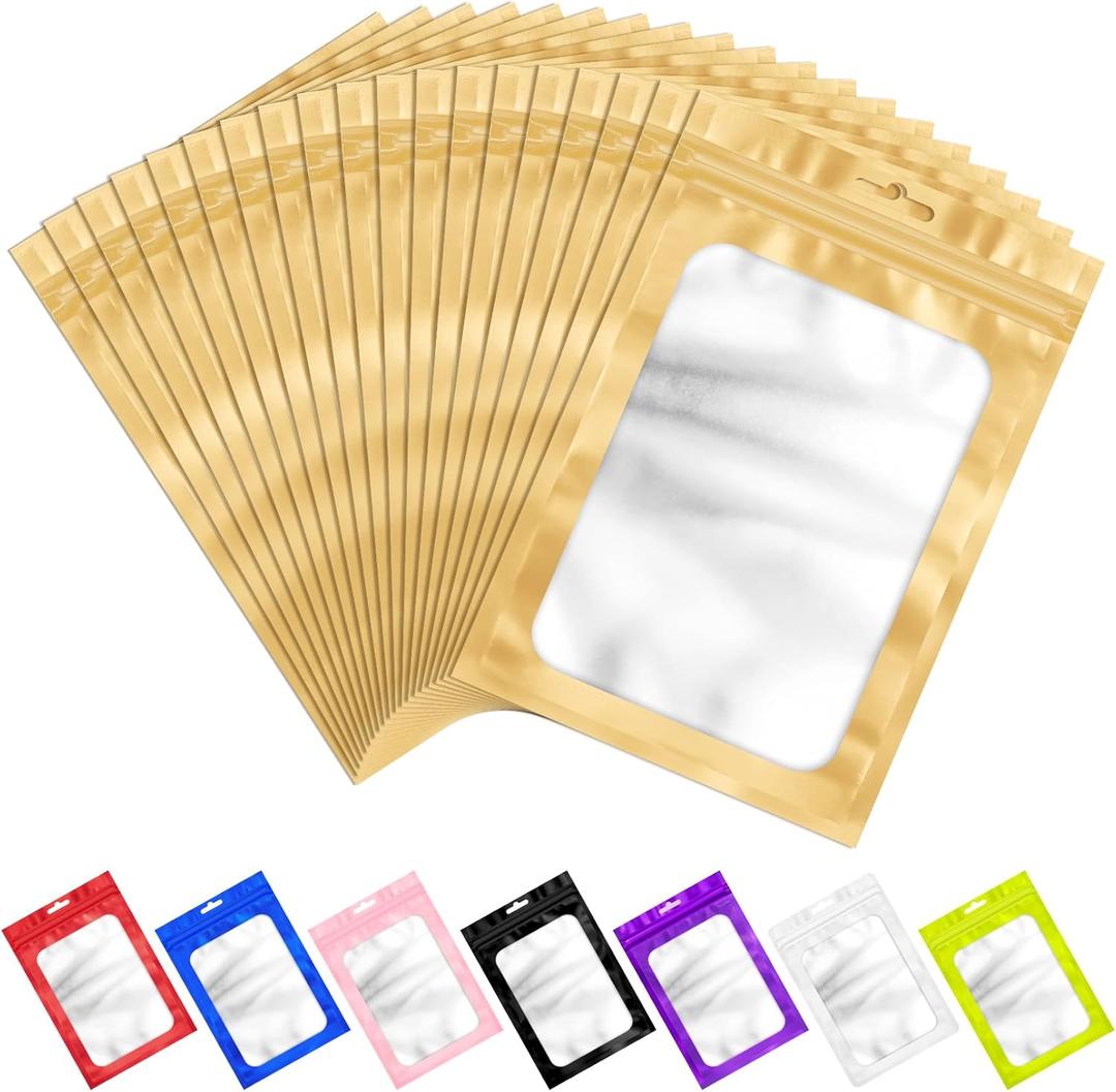 ANZNKU 100 PCS Resealable Mylar Bags with Frosted Clear Window Packaging Bags Foil Pouch Zipper Bag for Food Self Sealing Storage Supplies (3.14x5.11, Light Gold)