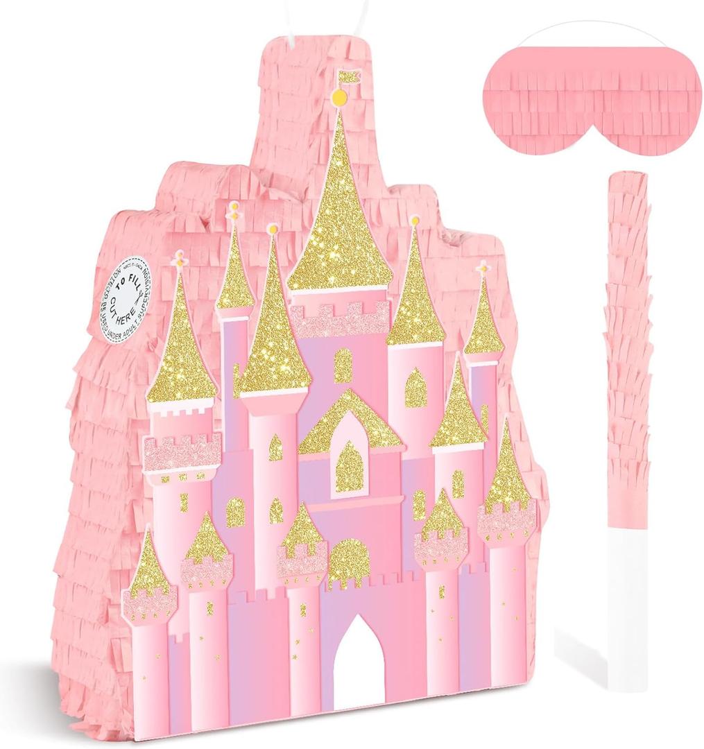 Princess Pinata Pink Castle Pinata with Stick Blindfold Large Castle Pinatas for Princess Birthday Party Decorations Pink Themed Party Decor Girls Birthday Supplies Baby Shower Bride Shower