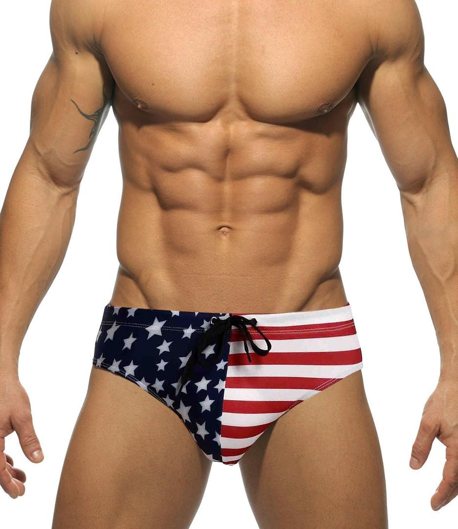 MIZOK Men's Ployester Swimsuit Bikini Briefs with Adjustable Drawstring (Medium, Flag Blue)