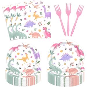 96 Pcs Pastel Dinosaur Birthday Party Decorations Girl Three Rex Two Rex Birthday Paper Plates Napkins Forks Disposable Dinnerware Set for 24 Guests Party Tableware