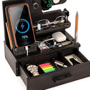 TESLYAR Wood Phone Docking Station with Drawer - Nightstand Organizer - Desk Organizer for Husband - Birthday Gifts for Men, Dad, Anniversary Idea, Key Holder Stand Watch & Accessories (Granite Black)