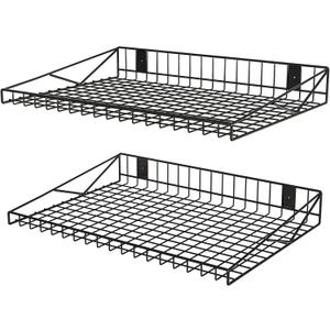 2 Pack Garage Wall Shelf, Garage Wall Mounted Shelving, Heavy Duty Floating Shelves With 4 Hooks, Loads 90 LBS Black Wall Shelves Mesh Storage Rack for Office, Basement, Wall Cabinet and Kitchen (Black-2Pack-B)