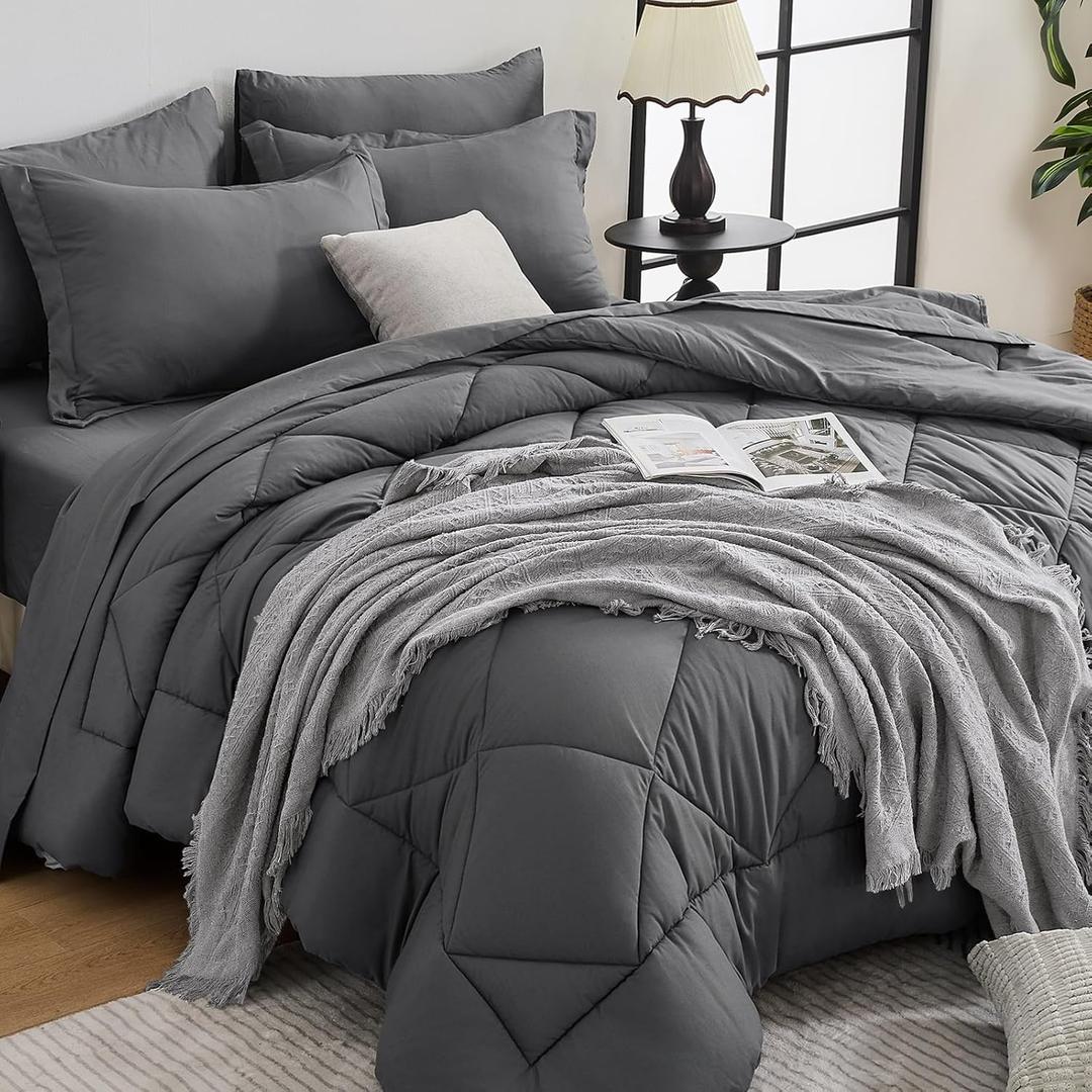HEVUMYI 7 Pieces Queen Comforter Set, All Season Reversible Bed in a Bag, Ultra Soft Queen Bedding Set with Grey Comforter, Flat Sheet, Fitted Sheet, Pillowcases, Pillow Shams, Dark Grey