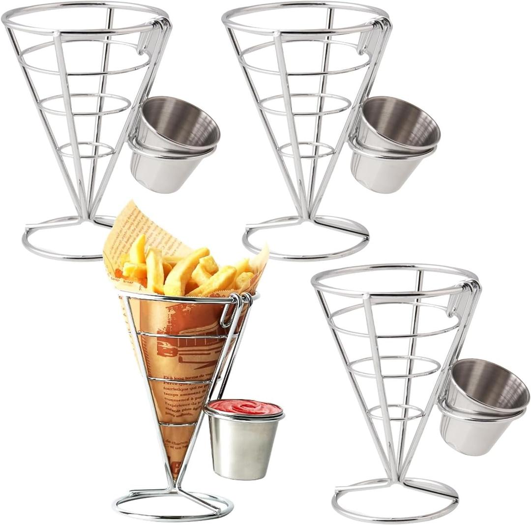 4 Pack French Fry Holder, French Cone Fries Basket with Sauce Cup, Metal Wire French Fries Holder for Kitchen, Restaurant Buffet, Picnic Party, Buffet Dinner, Home Parties