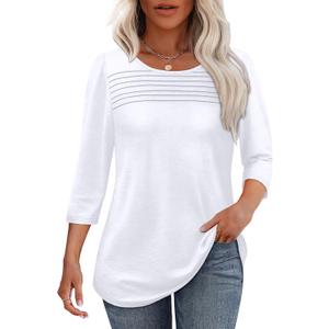White Tops for Womens 3/ 4 Length Sleeve Blouses Dressy Casual Plus Size Tshirts Shirts Spring Summer Outfits Pleated 3XL