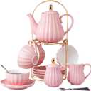 CLAY TONIC-- 8 OZ Fine China Purple Coffee Cup/ Teacup Set, Cups & Saucer, with Teapot-Sugar Bowl-Cream Pitcher Teaspoons and tea strainer for Tea/ Coffee, 17-Pieces- Service for 4 (Pink)