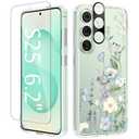 GVIEWIN for Samsung Galaxy S25 Case, Clear Floral Slim Shockproof Protective Women Phone Case, Non-Yellowing, with Screen Protector & Camera Lens Protector for Galaxy S25 6.2", Aquilegia/White