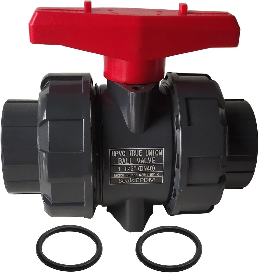 PVC Union Ball Valve, 1-1/2" Inch (DN40) True Union Full Flow Ball Valve, ASTM EPDM O-ring, Rated 200 PSI, PVC Ball Valve with Slip Socket Full Port, for Various Water Control System
