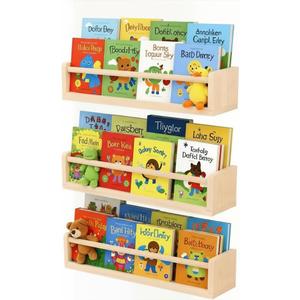 Natural Wood Nursery Floating Shelves Set of 3 Wall Mounted Kids Bookshelf & Toy Organizer 16 Inch Rustic Pine Hanging Display Book Shelves for Bedroom, Playroom, and Baby Decor