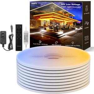 20FT Dimmable White LED Neon Strip Lights, Tunable 2700K6500K Flexible Rope Light with Remote, 24V LED Tape for Kitchen Cabinets, Bedroom, Mirror, Home Indoor Lighting