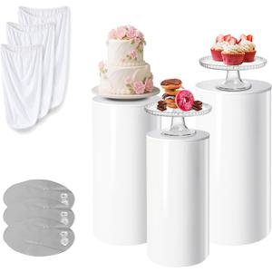 3Pcs Cake Stand & Cylinder Stands for Party Round Pedestal Stand with Weighted Water Bag & Spandex Cloth Cover for Stable Wedding, Birthday, Indoor Outdoor Home DecorPVC Plastic,Vivid White