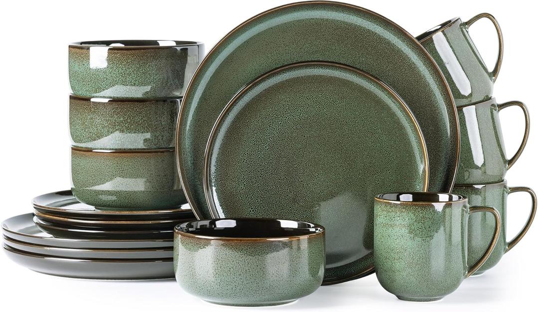LERATIO Ceramic Dinnerware Sets for 4,16-PieceReactive Glaze Plates and Bowls Set with Mugs,Highly Chip and Crack Resistant | Dishwasher,Microwave & Oven Safe Dishes set-Green (Modern-Dark Green)