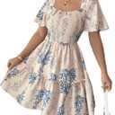 SOLY HUX Women's Floral Mini Dress Short Sleeve Square Neck Vacation A Line Flowy Dresses (M)