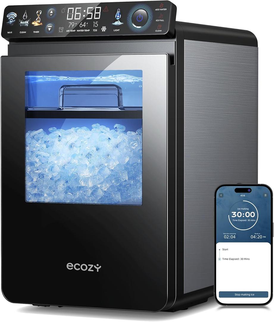 ecozy Smart Nugget Ice Maker Countertop, First Full-Color Smart Panel Ice Machine with APP Control, Double-Layer Insulation, 44 lbs/24H Soft Pellet Chewable Ice, Pull-Out Water Tank, Self-Cleaning (Silver)